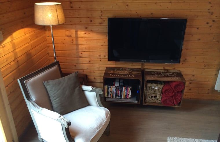 Cozy living room in Cottage in Erezee, Ardennes, Belgium with comfortable chair and modern television for relaxation.
