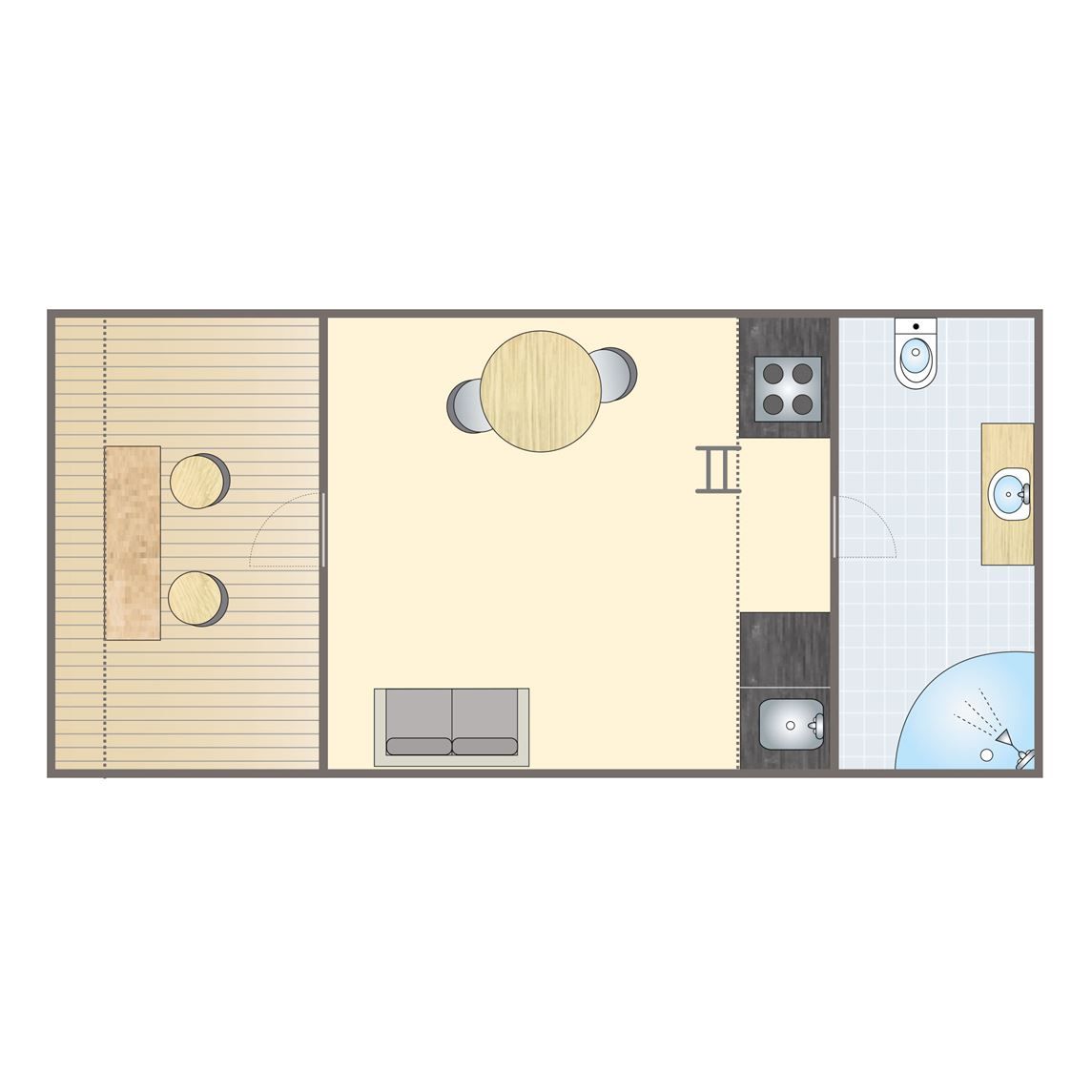 Plattegrond van 2-persoons tiny house 2BY in Poix-Saint-Hubert, Ardennen, Belgie, met gezellige woonkamer en praktische keuken.