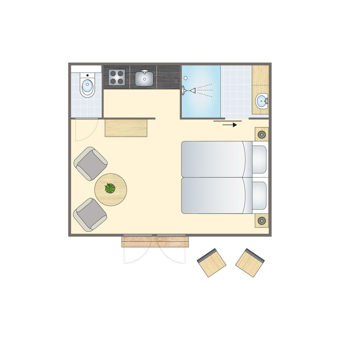 Plattegrond van de 2-persoons lodge 2B in Poix-Saint-Hubert, Ardennen. Compact vakantiehuis met moderne voorzieningen in Luxemburg, Belgie.
