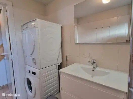 Moderne badkamer in Seaside Village, huisje 77 in Vosseslag, De Haan, Belgische kust, met wasmachine en ruime wastafel.