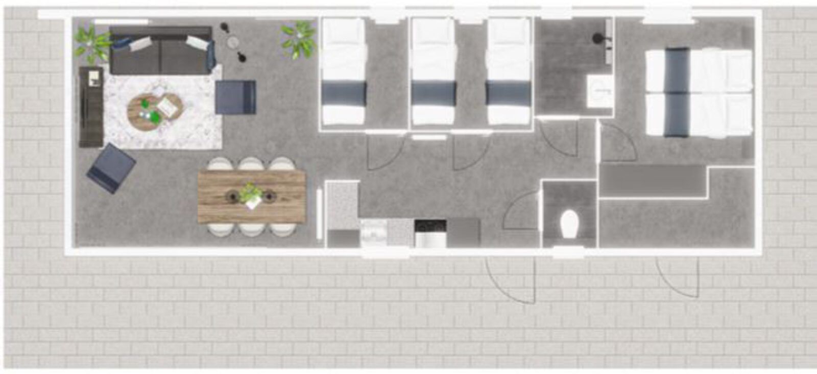 Plattegrond van Premium Lodge I, een vakantiehuis in Nieuwpoort aan de Belgische kust, geschikt voor 6 personen met moderne indeling.