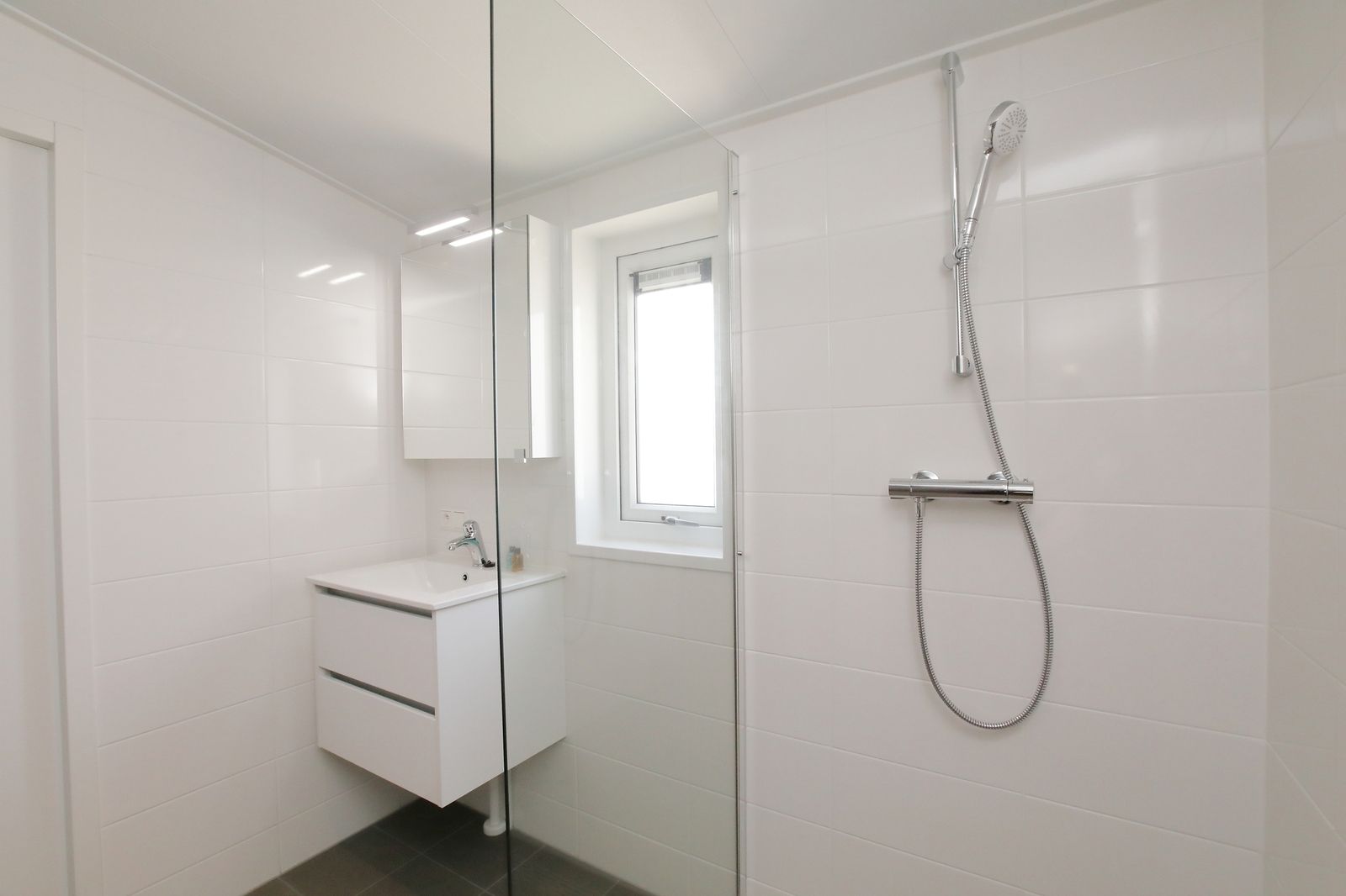 Moderne badkamer in Premium Lodge I voor 6 personen in Nieuwpoort, Belgische kust. Stijlvol vakantiehuis met douche en wastafel.
