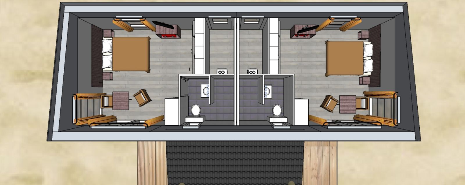 Plattegrond van Comfort Lodge in Nieuwpoort, Belgische kust, toont een knusse indeling met slaapkamer, badkamer en zithoek voor twee personen.