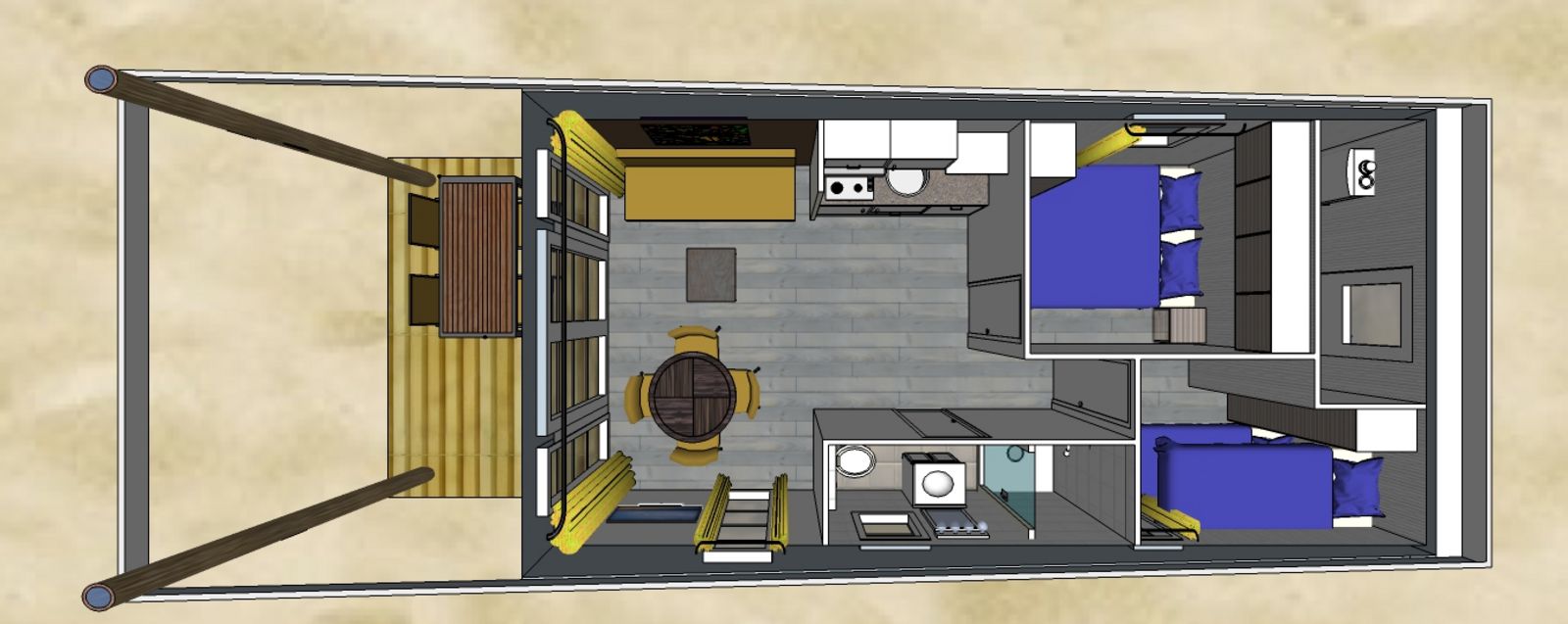 Plattegrond van Comfort Lodge in Nieuwpoort, Belgische kust. Vakantiewoning met airco en plek voor vier personen, inclusief huisdieren.