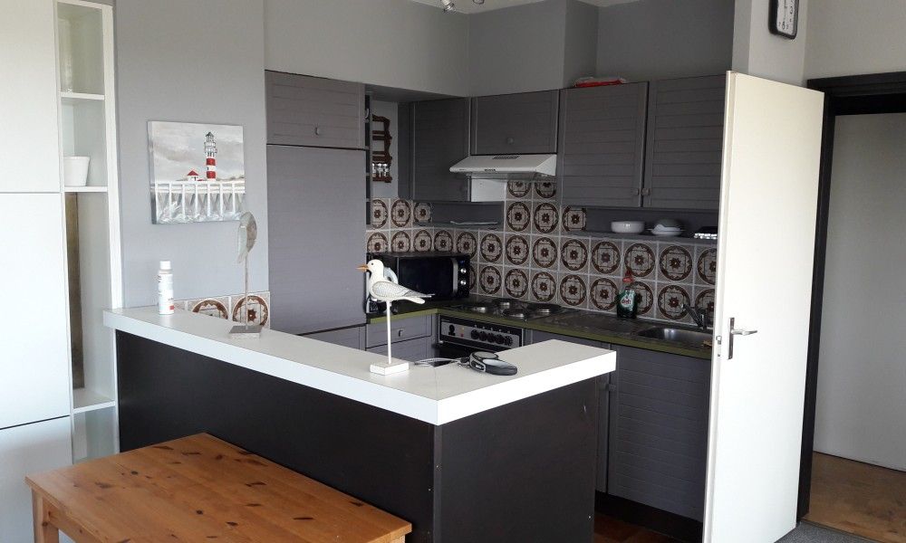 Moderne keuken in appartement Nieuwpoort-Bad aan de Belgische kust, ideaal vakantieverblijf met stijlvolle inrichting en complete uitrusting.