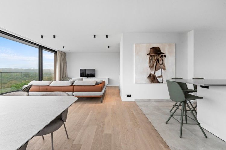 Luxury living room of Penthouse 'Ter Elst' in De Panne, Belgian coast, with panoramic views and modern furnishings for ultimate comfort.