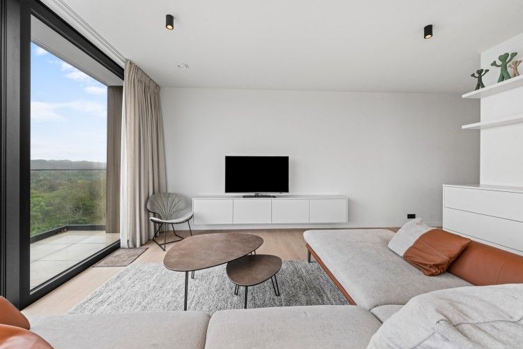 Modern living room of Penthouse 'Ter Elst' in De Panne, Belgian coast, with a view of nature from the terrace.
