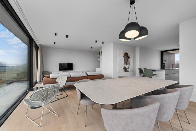 Luxurious interior of Penthouse 'Ter Elst' in De Panne, Belgian coast, with modern living room and sea view.
