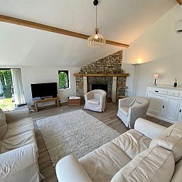 Gemuetliches Wohnzimmer des Ferienhauses Petunias Deluxe in Sint-Idesbald, Westflandern, mit Kamin und bequemer Sitzecke.