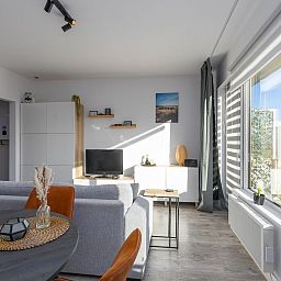 Gemuetliches Wohnzimmer des Ferienhauses Hawaii - 0003 in Middelkerke, Westflandern, Belgien mit moderner Einrichtung und viel Licht.