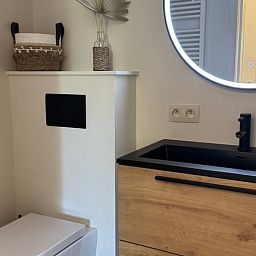 Modern bathroom in Holiday Home in Merksplas, Antwerp, with stylish sink and toilet, ideal for a comfortable stay in Belgium.