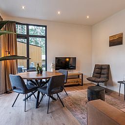 Gemtliches Wohnzimmer des Chalet in Mol, Ferienhaus in Antwerpen, Belgien, mit moderner Einrichtung und Blick auf die grne Umgebung.