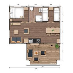 Die Karte von Safari Tent Dreamer in Turnhout, Antwerpen, Belgien, zeigt eine geraeumige Glamping-Lodge mit einem komfortablen Innenbereich und einer einladenden Terrasse.