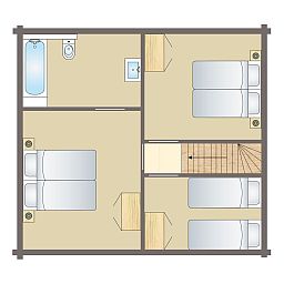 Plattegrond van de Mooi Zutendaal 6-persoons bungalow 6C1 in Zutendaal, Limburg, Belgie met ruime slaapkamers en badkamer.