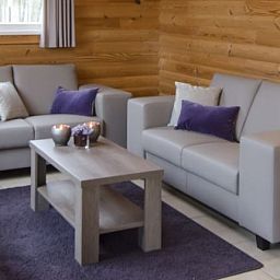Gezellige woonkamer in Mooi Zutendaal 6-persoons bungalow 6C1, Zutendaal, Limburg, met comfortabele banken en houten interieur.
