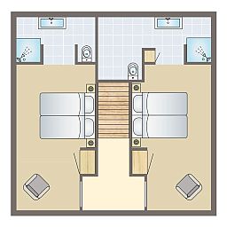 Plattegrond van de Mooi Zutendaal wellnessvilla in Limburg, Belgie, met twee slaapkamers en moderne voorzieningen voor vier personen.