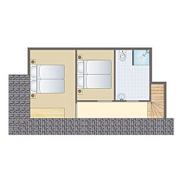 Plattegrond van Village l'Eau d'Heure 8-persoons bungalow 8C1 in Froidchapelle, Henegouwen, Belgie, met twee slaapkamers en badkamer.
