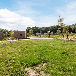 Geniet van de groene omgeving bij Luxe kampeerplaats C1, een stacaravan in Gesves, Ardennen, Belgie, omgeven door weelderige natuur.