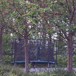 Geniessen Sie die natuerliche Umgebung im Ferienhaus in Heure, Ardennen, Belgien, mit einem Trampolin zwischen den Baeumen fuer Spass im Freien.