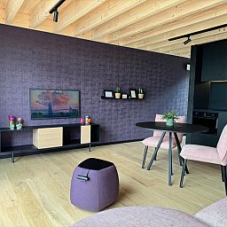 Stijlvolle binnenruimte van Escapade Naturelle, vakantiehuis in Durbuy, met houten plafond en moderne inrichting.