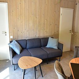 Cozy living room of Ecolodge vacation home in Houffalize, Ardennes, Belgium, with comfortable sofa and wooden interior.