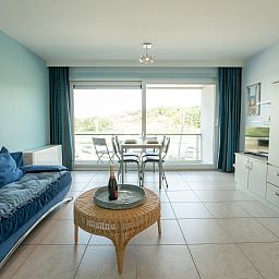 Cozy living room in Apartment Lautrec, Bredene, Belgian coast. Comfortable indoor space with a view of the green surroundings.