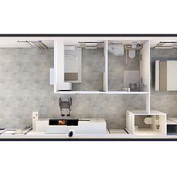 Plattegrond van Access Lodge, een moderne vakantiewoning met airco in Westende, Belgische kust, geschikt voor vier personen.