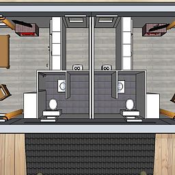Plattegrond van Comfort Lodge in Nieuwpoort, Belgische kust, toont een knusse indeling met slaapkamer, badkamer en zithoek voor twee personen.