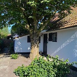 Gemuetlicher Innenhof des Ferienhauses Zonnewind in De Panne, belgische Kueste, mit schattenspendendem Baum und Holzzaun in der Naehe von Duenen und Wald.