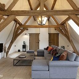 Gezellige woonkamer in Huis Potaerde, een vakantiehuis in Brussel, met houten balken en comfortabele zithoek voor een ontspannen verblijf.