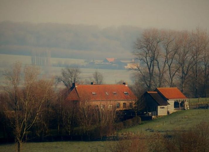 Gemuetliches Ferienhaus in Dranouter, Westflandern, mit Holzfassade und sonniger Terrasse, umgeben von gruener Natur.