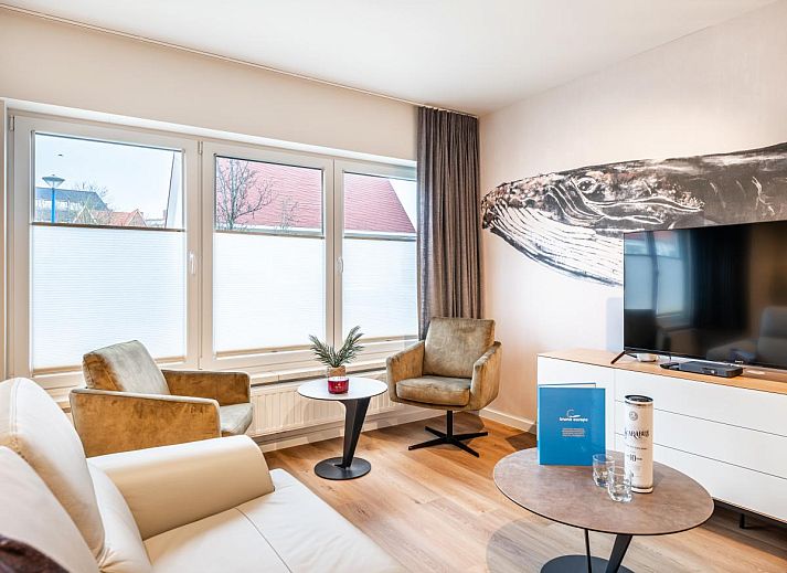 Stijlvolle woonkamer in vakantiehuis Bon Plan in Koksijde, West-Vlaanderen, met modern interieur en veel natuurlijk licht.