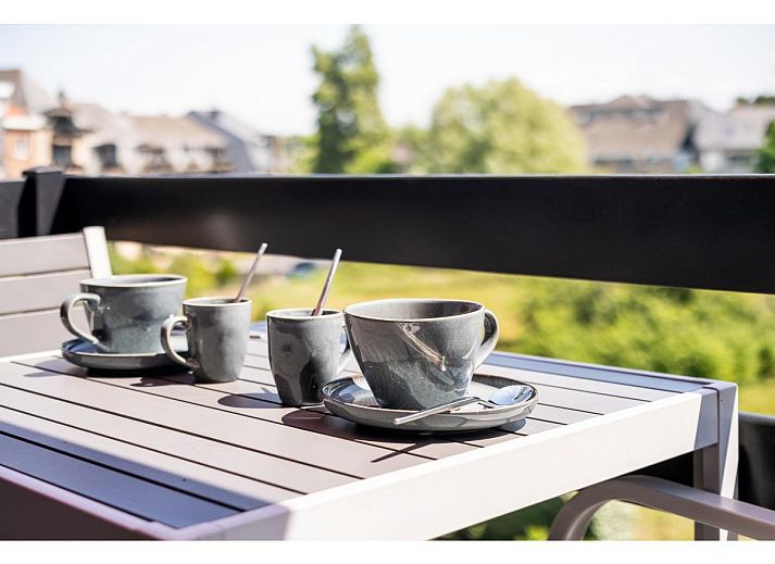 Veranda van Ardoise des dunes vakantiehuis in Koksijde, West-Vlaanderen, met prachtig uitzicht op groene omgeving.
