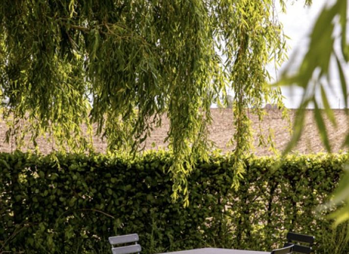 Ferienhaus 't hov in Passchendaele, umgeben von ueppiger Natur und schattigen Baeumen.