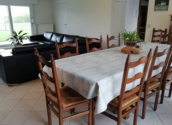 Rustige patio van vakantiehuis in Ingooigem, omgeven door groene heggen en planten, ideaal voor ontspanning in West-Vlaanderen.