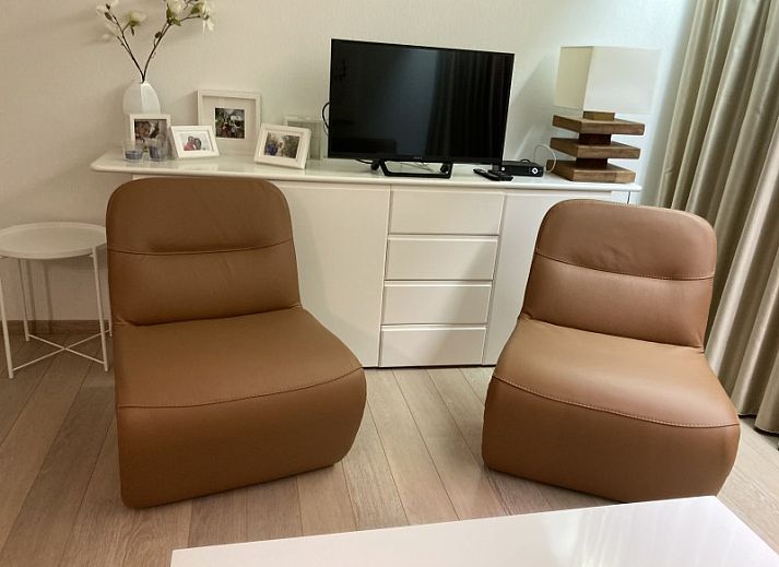 Stylish brown sofa in Residence Noordhinder apartment, De Panne, Belgian coast, with colorful cushions and art on the wall.