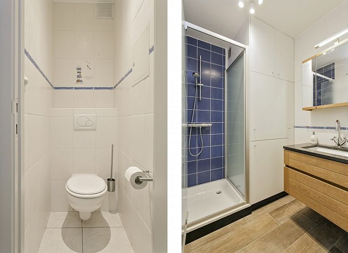 Balcony of Flat Fleur apartment in De Panne, West Flanders overlooking modern building and sea.