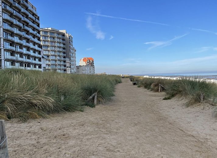 Ruime eetkamer met houten tafel in Aan't zeetje - Westende appartement, West-Vlaanderen, Belgie.