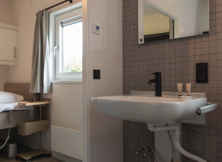 Gemuetliches Wohnzimmer der Access Lodge, Ferienhaus in Westende, Westflandern, mit gemuetlicher Einrichtung und verspieltem Hund.