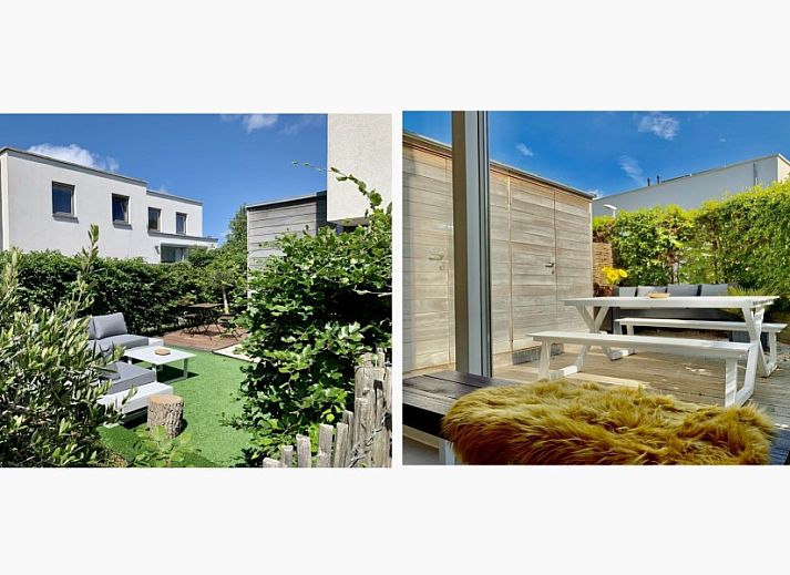 Stilvolles Esszimmer im Ferienhaus Het Anker, Oostduinkerke, mit Holztisch und moderner Beleuchtung.