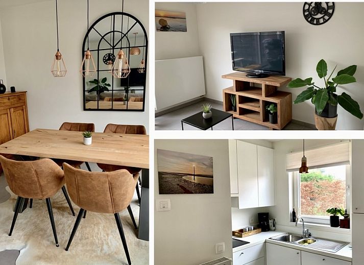 Stilvolles Esszimmer im Ferienhaus Het Anker, Oostduinkerke, mit Holztisch und moderner Beleuchtung.