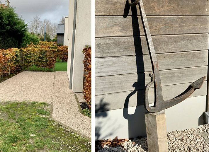Gemuetliche Terrasse von Het Anker in Oostduinkerke mit Holzsitzen und bunten Blumen.