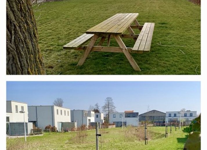 Aussenansicht des Ferienhauses Het Anker in Oostduinkerke, mit moderner Architektur und sonnigem Garten.