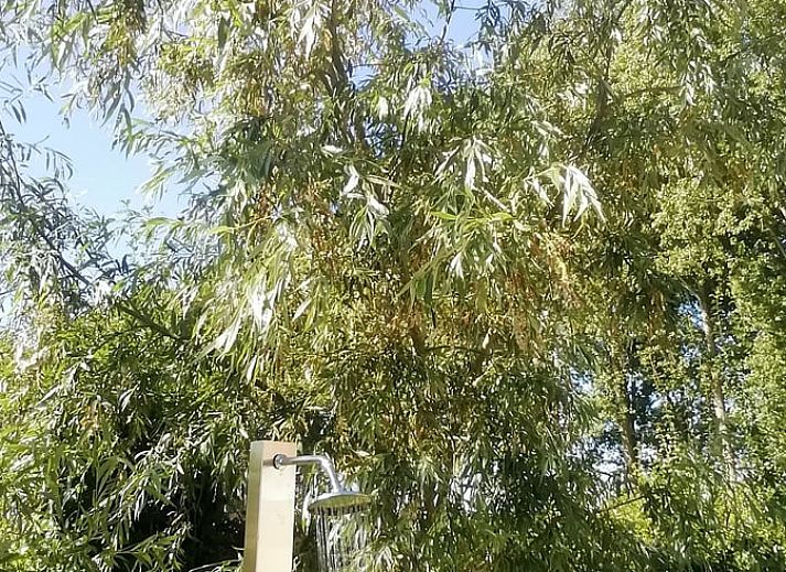 Gemuetlicher Abend auf der Veranda des Ferienhauses in Assenede, Ostflandern, stimmungsvoll beleuchtet mit bequemen Sitzgelegenheiten.