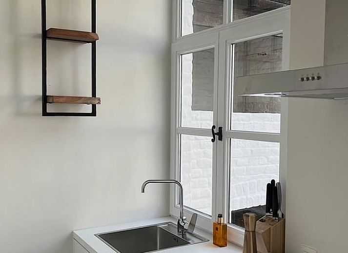 Gemuetliche Terrasse am Ferienhaus in Gavere Dikkelvenne, Ferienhaus in Dikkelvenne, Ostflandern, mit Holzstuehlen und Gruenpflanzen.