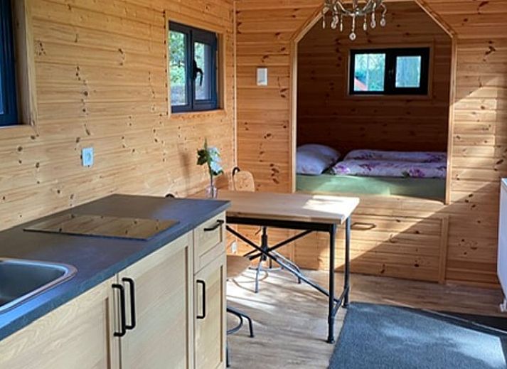 Wooden terrace at Cottage in Merksplas, cottage in Antwerp overlooking wooded area.