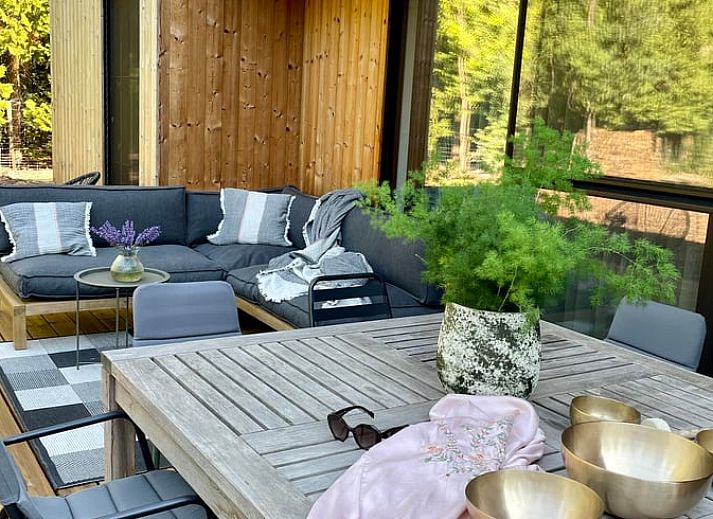 Uitzicht vanuit de woonkamer van Vakantiehuis in Gierle, vakantiehuis in Antwerpen, Belgie met terras en groen uitzicht.