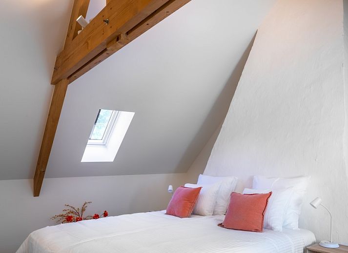 Ueberdachte Terrasse des Ferienhauses Mushoeve in Zoersel, Antwerpen, mit Esstisch aus Holz und Gartenblick.