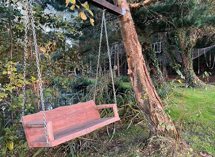 Rustikaler Garten im Ferienhaus in Beerse, Antwerpen, mit Enten und Gruenanlagen.