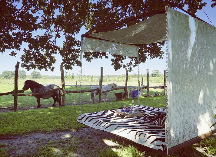 Gezellige woonkamer van vakantiehuis De Lieshoeve in Arendonk, Antwerpen, met vintage meubels en kunst aan de muur.